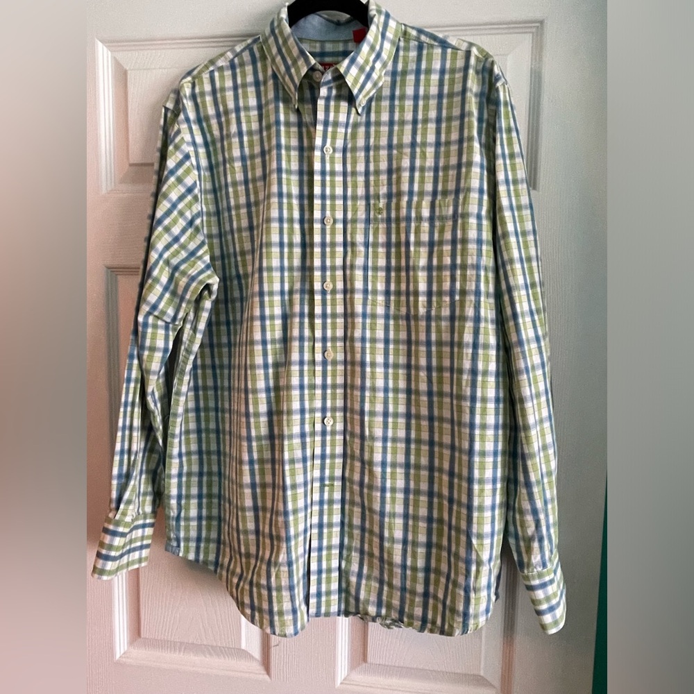 IZOD Men’s M Button Down Long Sleeve Pocket Plaid Check Shirt Blue White Green
